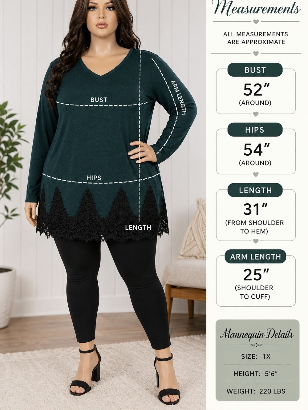 Lane Bryant Dark Green V-Neck Lace Hem Long Sleeve Tunic Top Plus Size 22/24
